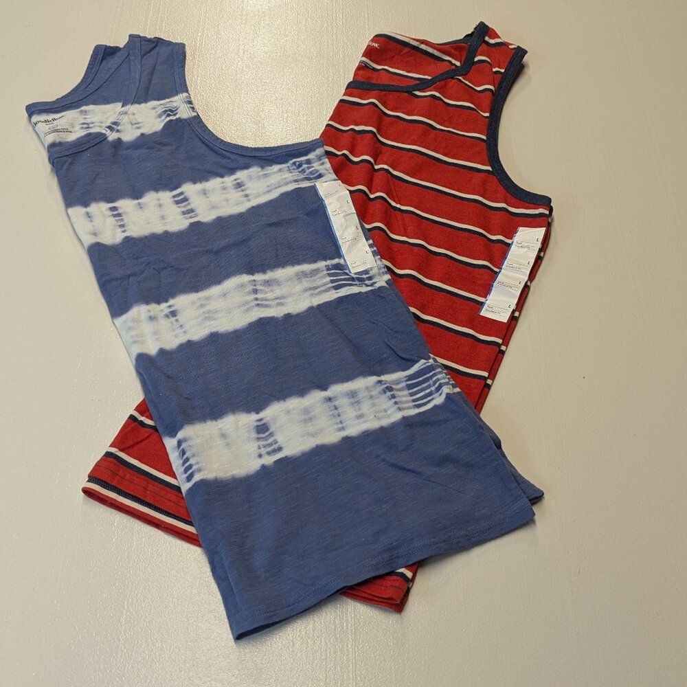 Two NWT Goodfellow Tank Tops Size Large Blue Tie Dye Red Striped